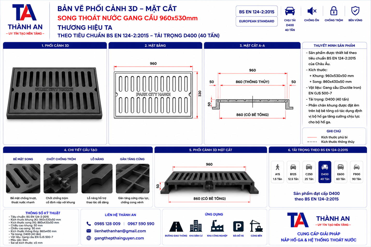 Song thoát nước gang cầu kích thước 960x530mm